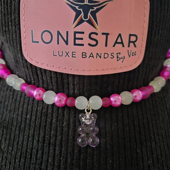 Pink & White Beaded Cowgirl Hat Band – Gummy Bear Charm - Picture 4 of 4